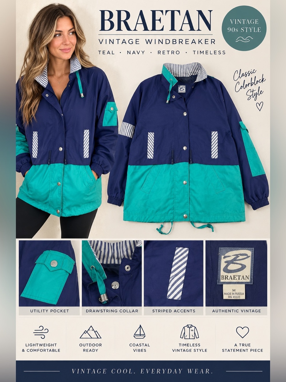 Braetan Vintage Colorblock Windbreaker Jacket Teal Navy Striped Size M